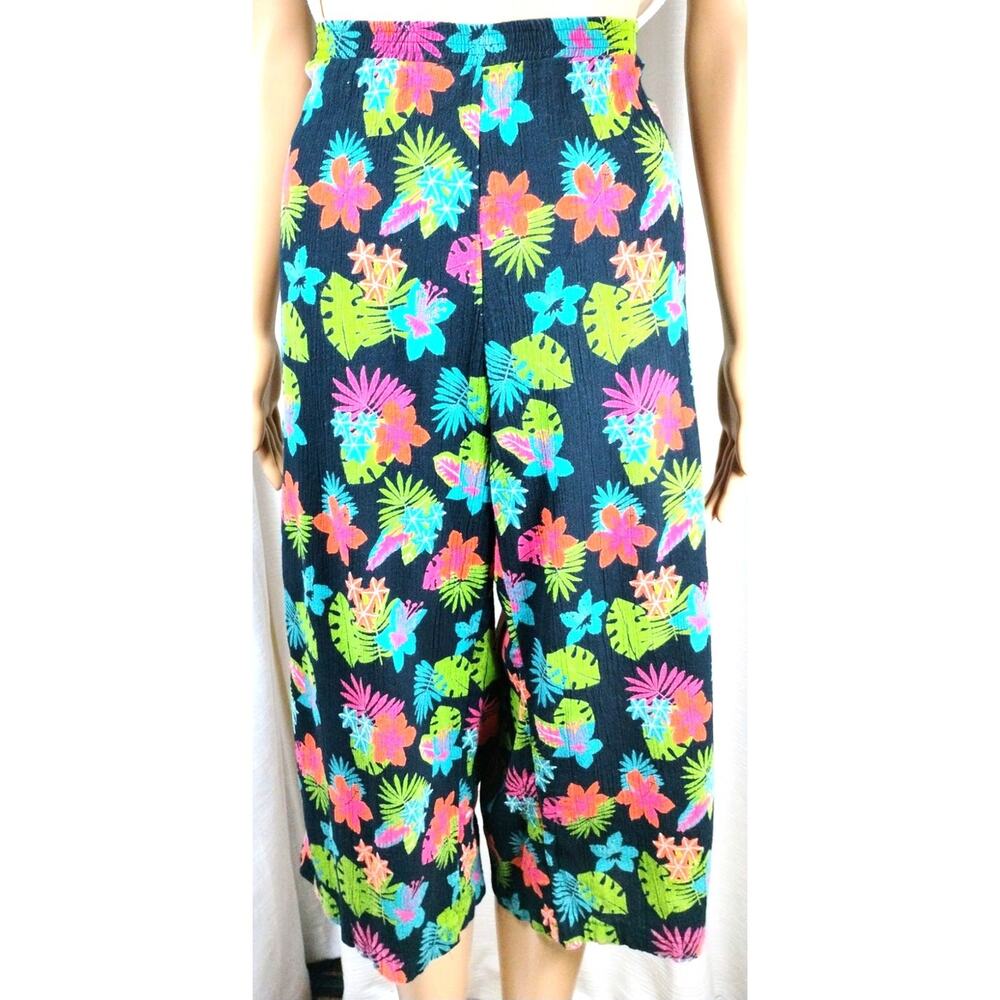 Tropical Floral Gauze Boho Crop Pants Pull On Fits XL Resortwear Vacation Travel